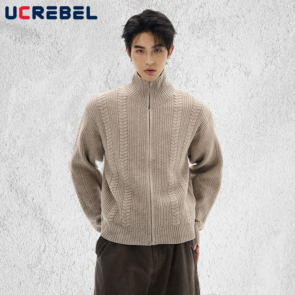 

Сплошной цвет свитер мужской осень-зима ретро High Street воротник-стойка с длинным рукавом вязаный свитер кардиган мужской