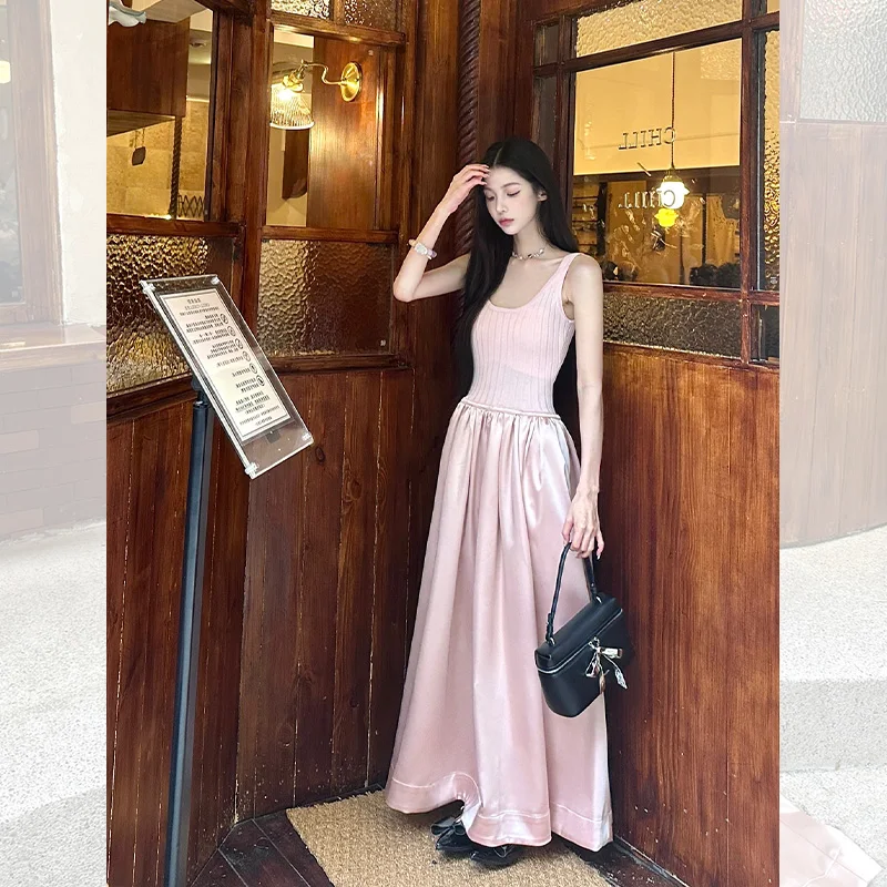 핑크 스트랩리스 롱 드레스 여성 여름 신상 허리 조임 민소매 생일 파티 가운 A라인 스커트 원피스