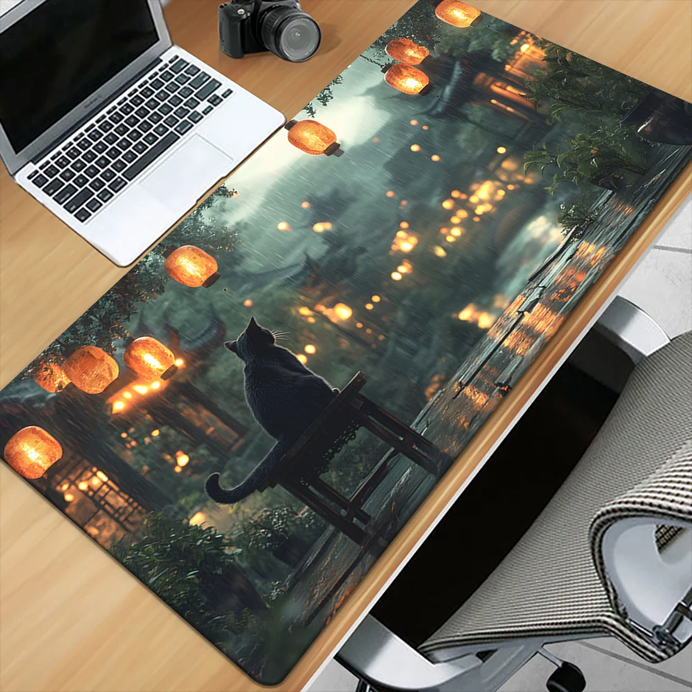 قطعة واحدة من وسادة مطبوعة عالية الدقة على شكل قطة سوداء ممطرة للمكتب، لوحة ماوس XXL متعددة الوظائف، سجادات ماوس ألعاب لوحة المفاتيح، Computjava المكتبية