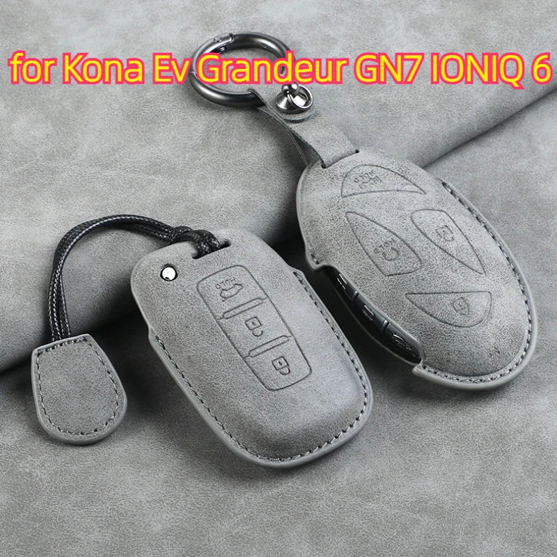 Suede Leather Car Key Case For Hyundai Kona Ev Grandeur GN7 2023 IONIQ 6 Auto Remote Key Case Cover Car Keychain Accessories