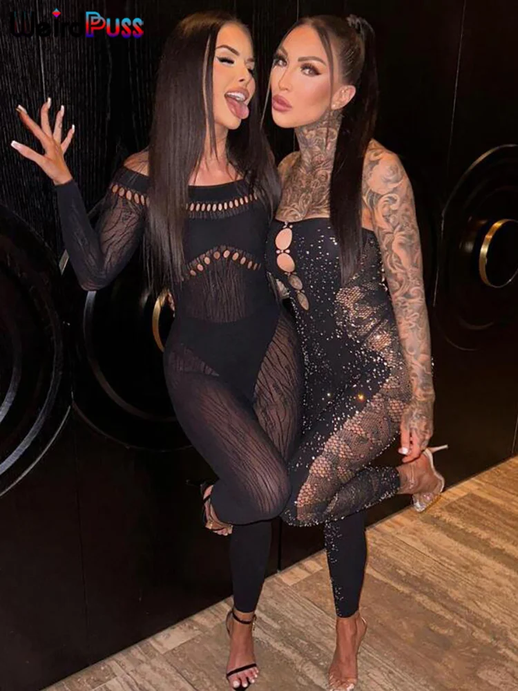 

Weird Puss Slash Neck Sexy Jumpsuit Women Stretch Patchwork Long Sleeve Elegant Skinny Tight Midnight Clubwear Overalls Workout
