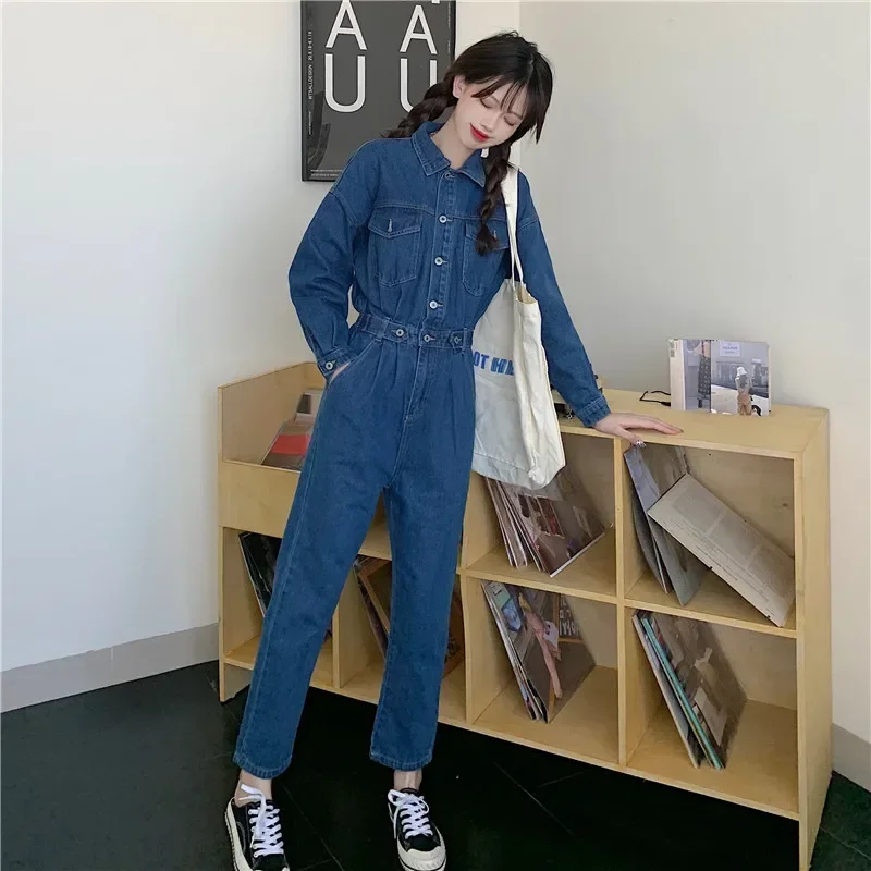 Streetwear Style Women Denim Overalls Pants Spring Autumn Long Sleeve Bodycon Jeans Romper Wide Leg Jumpsuits High Waist