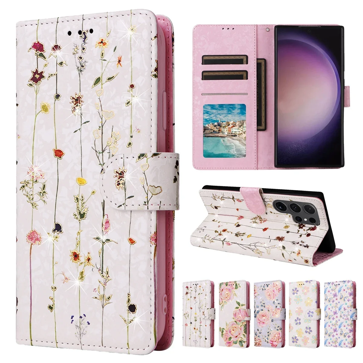 Hot Stamped Floral Phone Case for Samsung S25 S24 S23 S22 S21 S20 S10 S9 S8 Photo Frame Card Holder Wallet with Wrist Strap