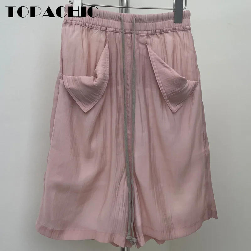 

8.28 TOPACHIC-Women Drawstring Elastic Waist Loose Shorts All-matches Double-Deck Mesh Pocket Decoration Knee-Length Pants