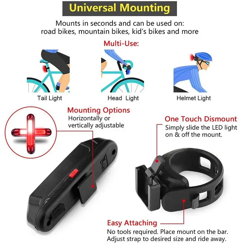 5 PCS LED Bike Tail Light USB Rechargeable Helmet Bike Rear Lights Easy for Install Safety MTB Bike Cycling Lamp