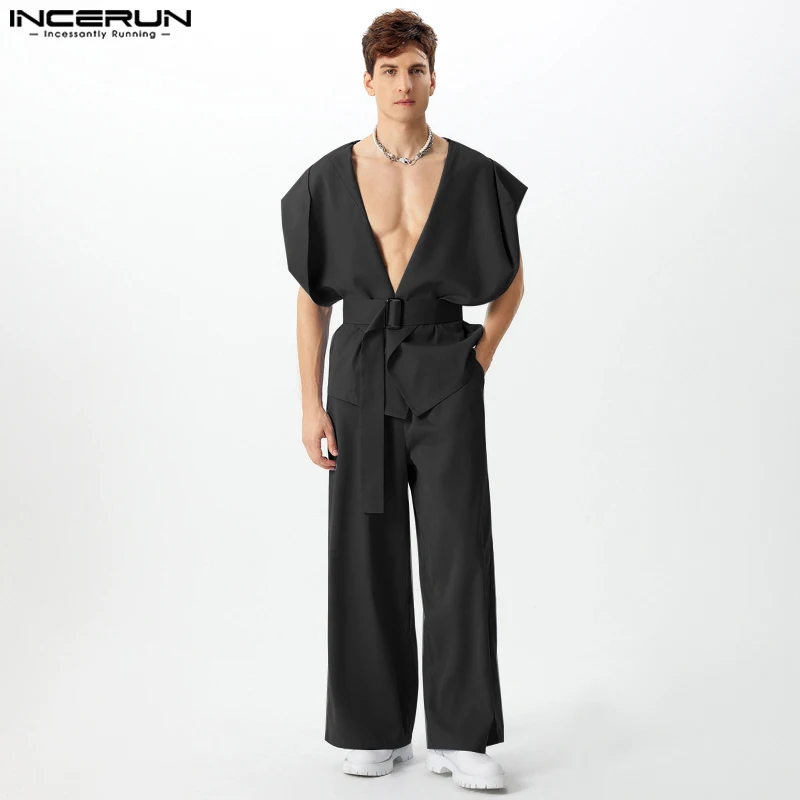 Fashion Sexy Style Sets INCERUN Handsome New Men\'s Hooded Silhouette Belt Vest Wide Leg Pant Casual Clubwear Male Two-piece Sets