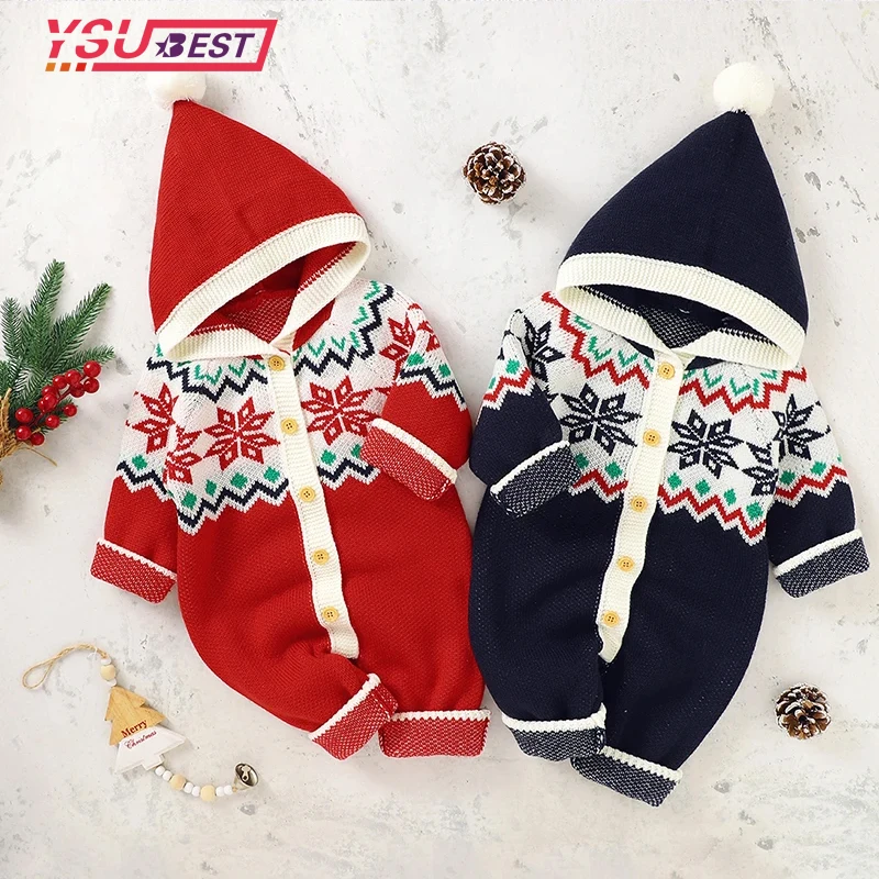 

Christmas Baby Rompers Snowflake Print Knit Acrylic Baby Romper Autumn Winter Newborn Infant Hoodie Jumpsuit New Year Bodysuit