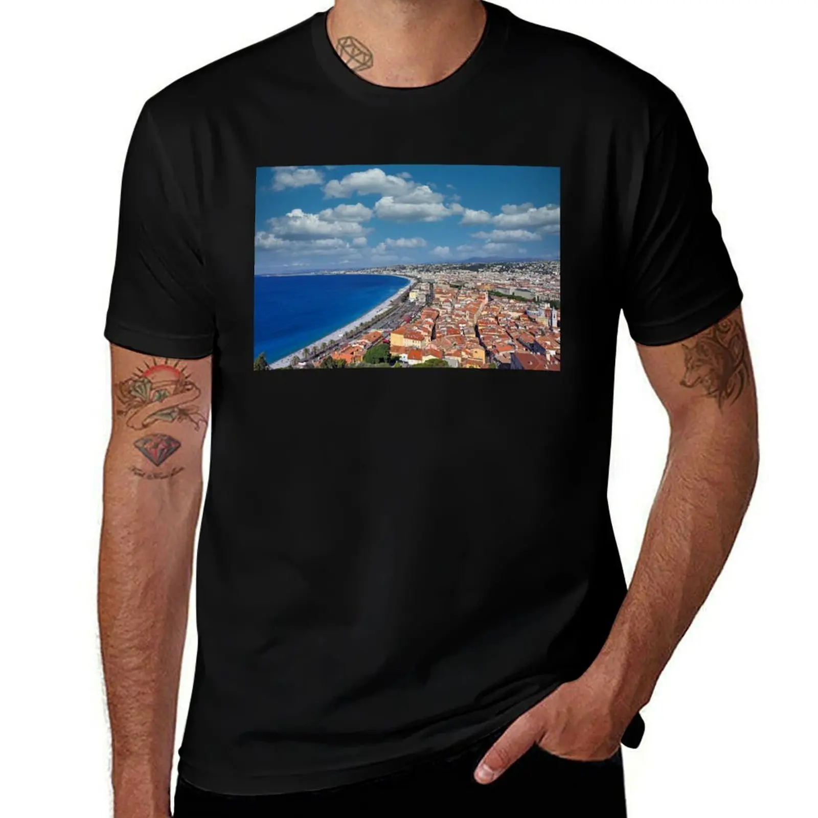 Promenade des inglés y playa en Nice, Francia, camiseta de verano personalizada, camiseta de moda coreana para hombres