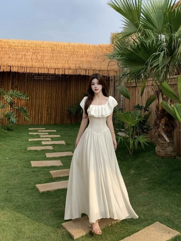 

plus Size Two-Way Wear Dress Slimming Waist Design French Style High Waist A-Line Skirt Summer Long Dress with Puffy Sleeves