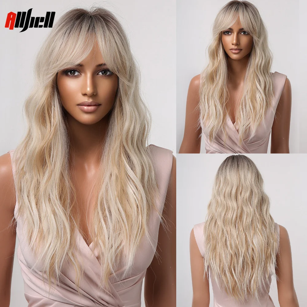 

Long Wave Ombre Blonde Synthetic Wig With Bangs for Black Women Natural Wavy Daily Wig Cosplay Natural Female Wig Heat Resistant