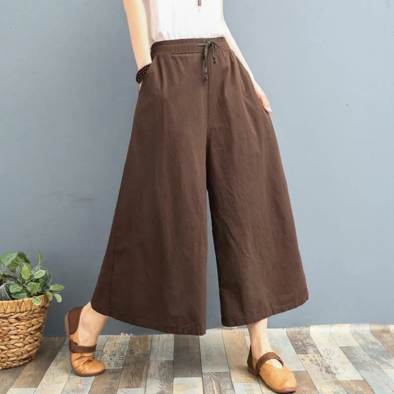 Cotton Linen Wide Leg Summer Pants Women Plus Size Loose Casual Pants Vintage Thin Nine Points Culottes Pants Free Shipping Item