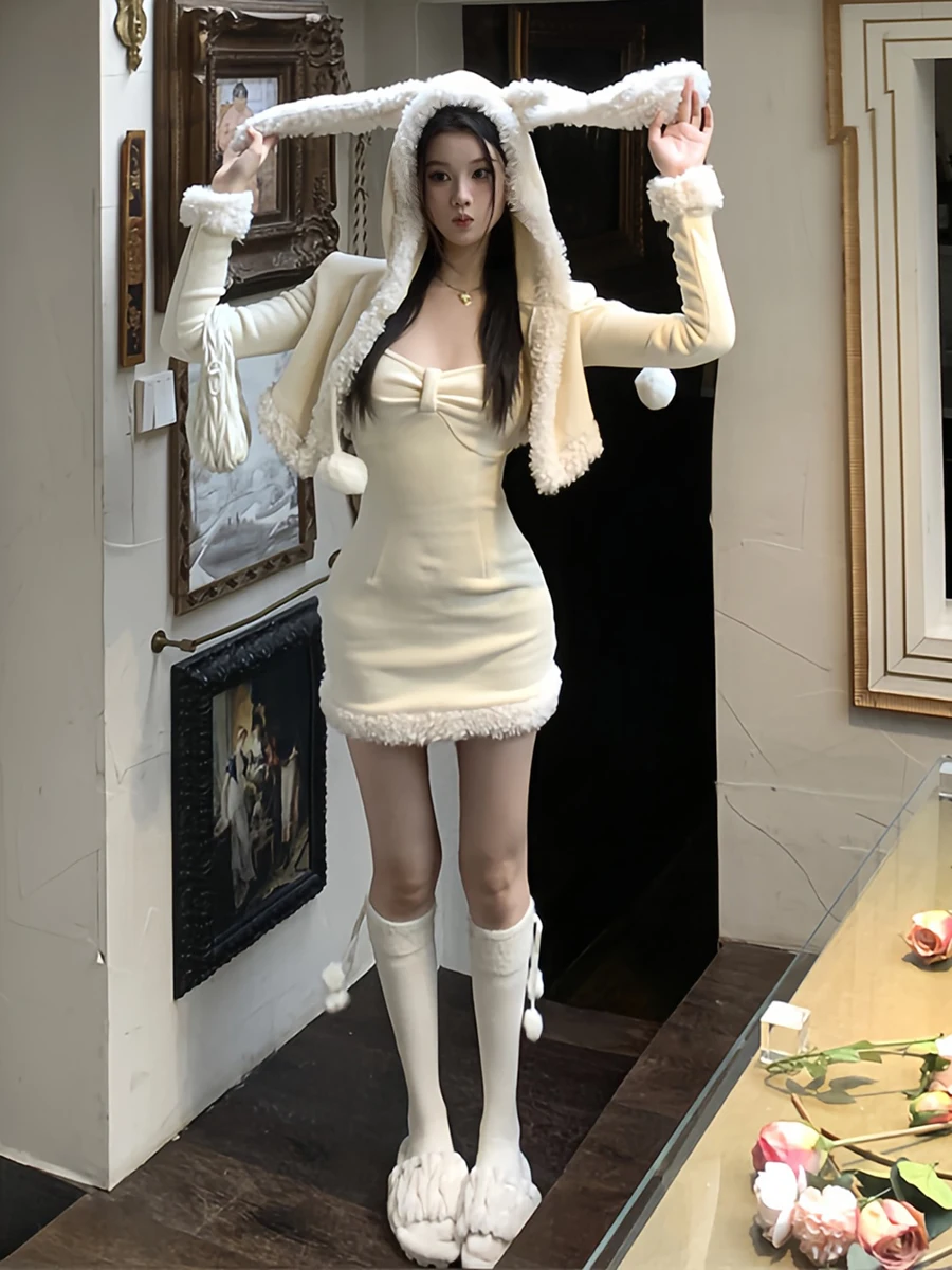 REDDACHiC 토끼 귀 후드 카디건 짧은 드레스 여성 매칭 세트 셰르파 플리스 스파게티 스트랩 바디콘 귀여운 겨울 크리스마스 의상