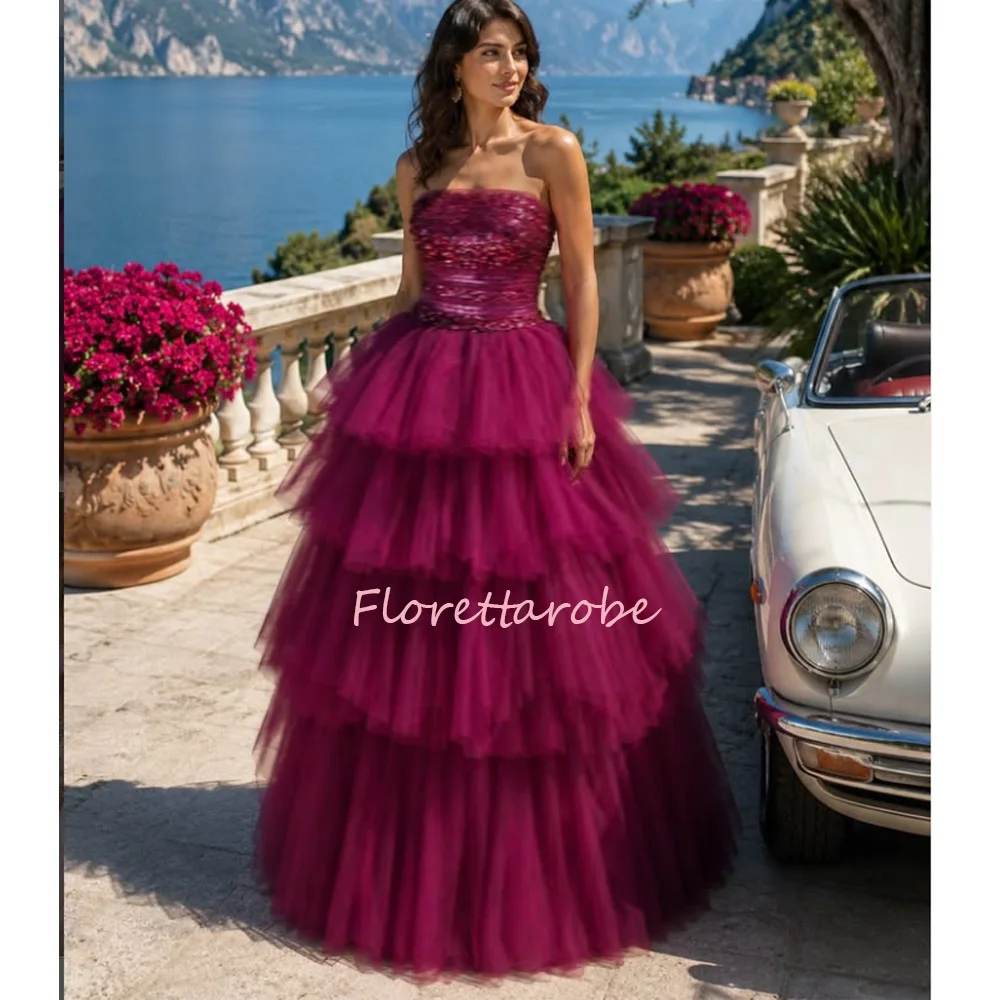 Sexy Tulle Long Prom Dresses Sequins  Wedding Party Dress Strapless Tiered Evening Gowns Formal Party Customized