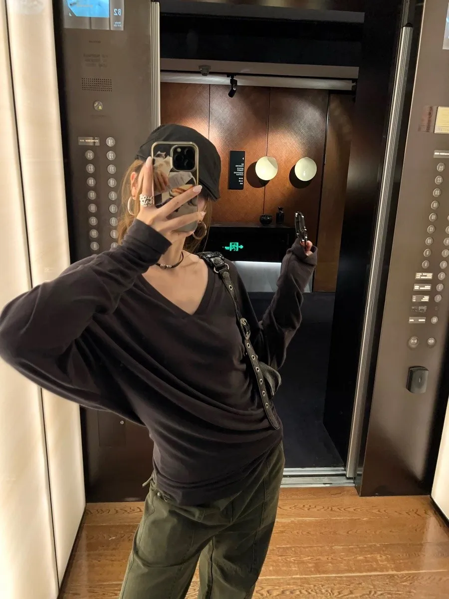 

Special Offer Loose Fit Long Sve V-Ne T-irt Women's Autumn New Sle Wool Lyocell Blend Comfortable Lazy Top