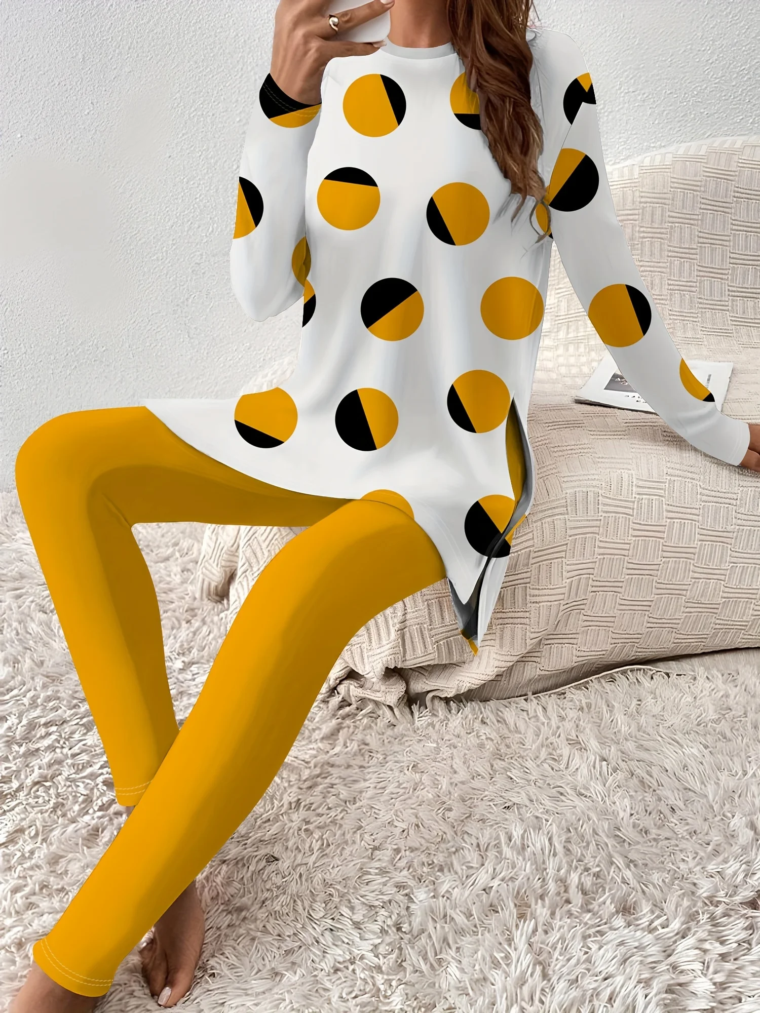 Frühlings- und Herbst-Hosenanzug für Damen im lässigen Stil mit gelb-schwarzem Polka-Dot-Muster