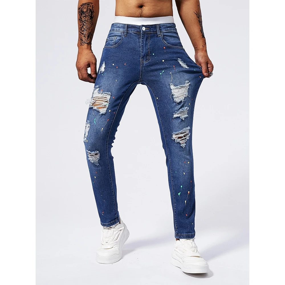 

Men's Slim Fit Jeans Classic Ripped Trendy Skinny Pants mid Waist Zipper Closure Casual Straight Leg Jeans for Teenagers