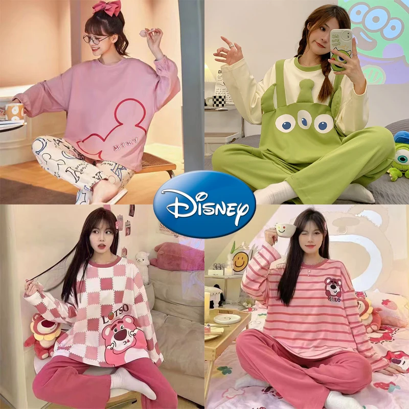 

2 Piece Set Disney Pajama Long Sleeves Sleepwear Cartoon Cute Pants Crew Neck Pullover Shirt Women Spring Autumn Casual Homewear