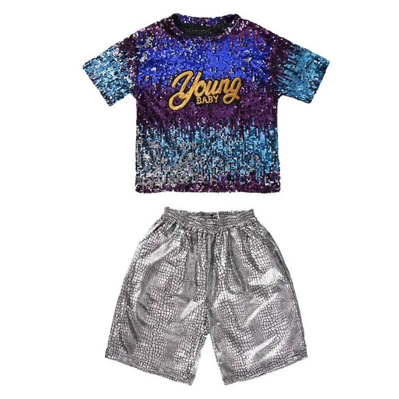 Boys' Jazz Dance Costumes Drum Sets Performance Clothes Summer Silver Sequined T-shirt Singer Rehearsal  Glitter Costume