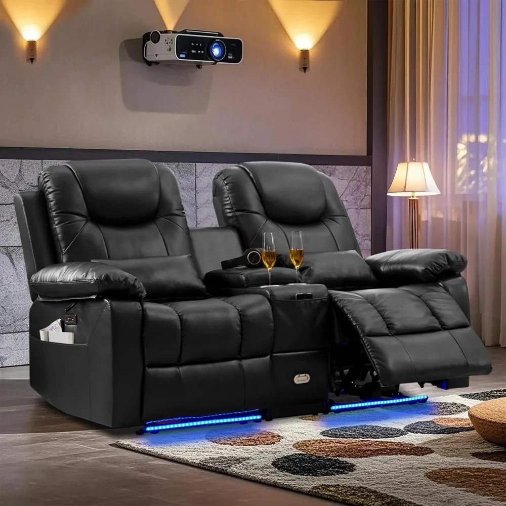 

Power Reclining Sofa with LED Light for Living Room, Electric Double RV Sofa Home Theater Seatings, Contemporary PU Leather
