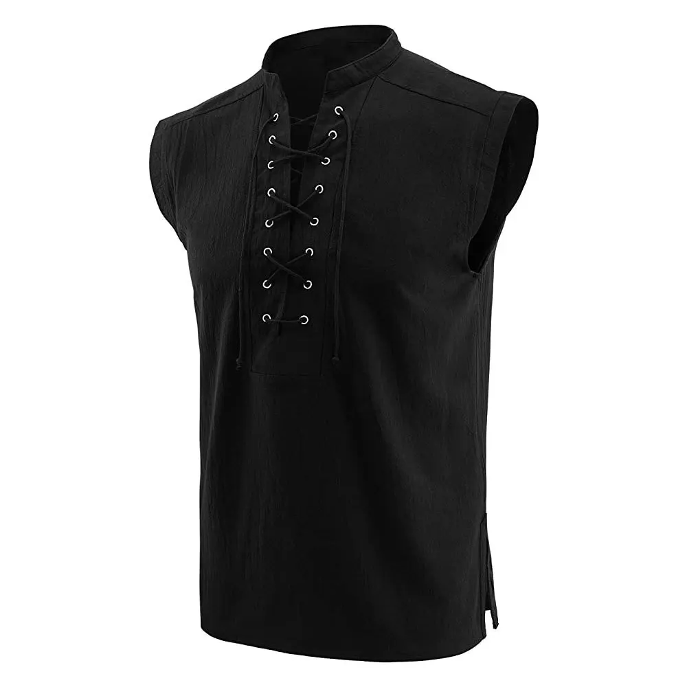 Men Summer Linen Tank Top Sleeveless T-Shirt Lace-up Design Solid Color Shirt Loose Fit Vest Daily Cotton Linen Vest Clothing