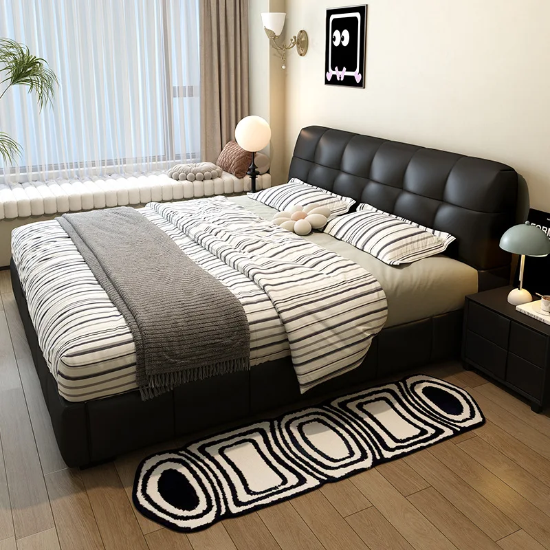 سرير حديث وبسيط إيطالي أسود منتفخ جلد طبيعي شقة صغيرة تخزين #2