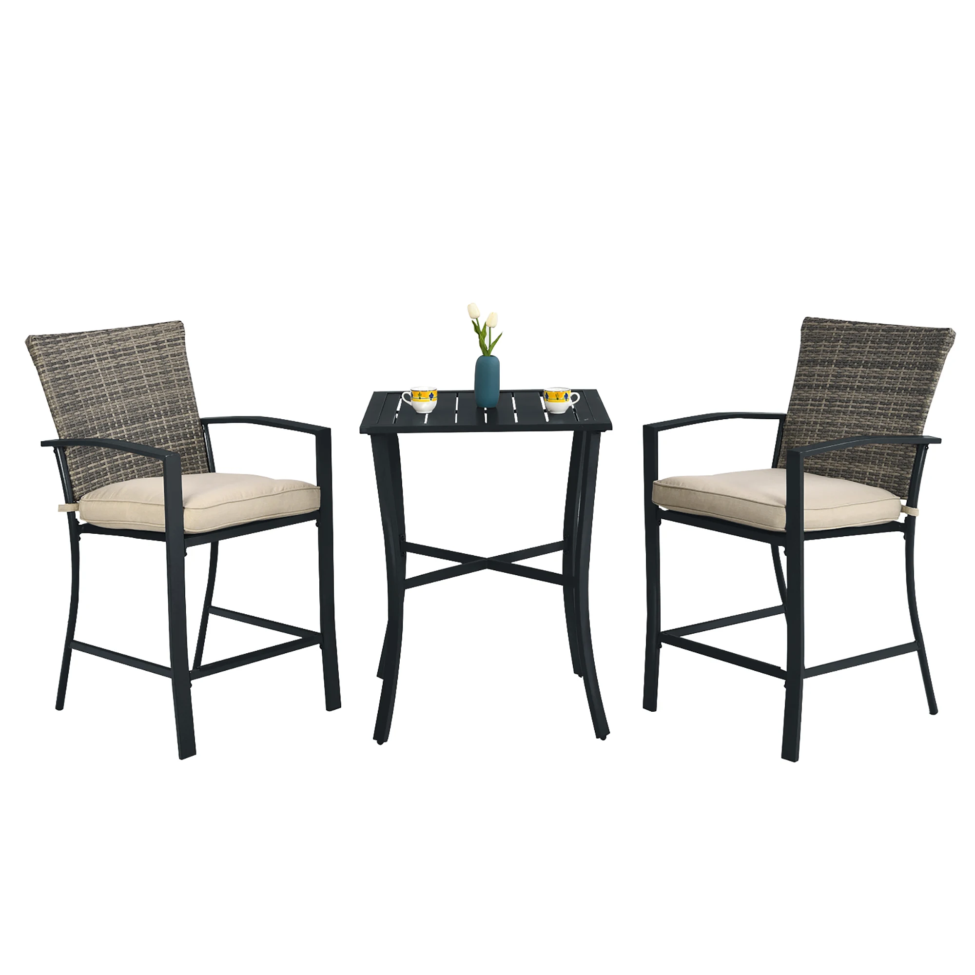 3PCS Patio Rattan Bar Furniture Set Slat Table 2 Cushioned Stools Poolside Gray