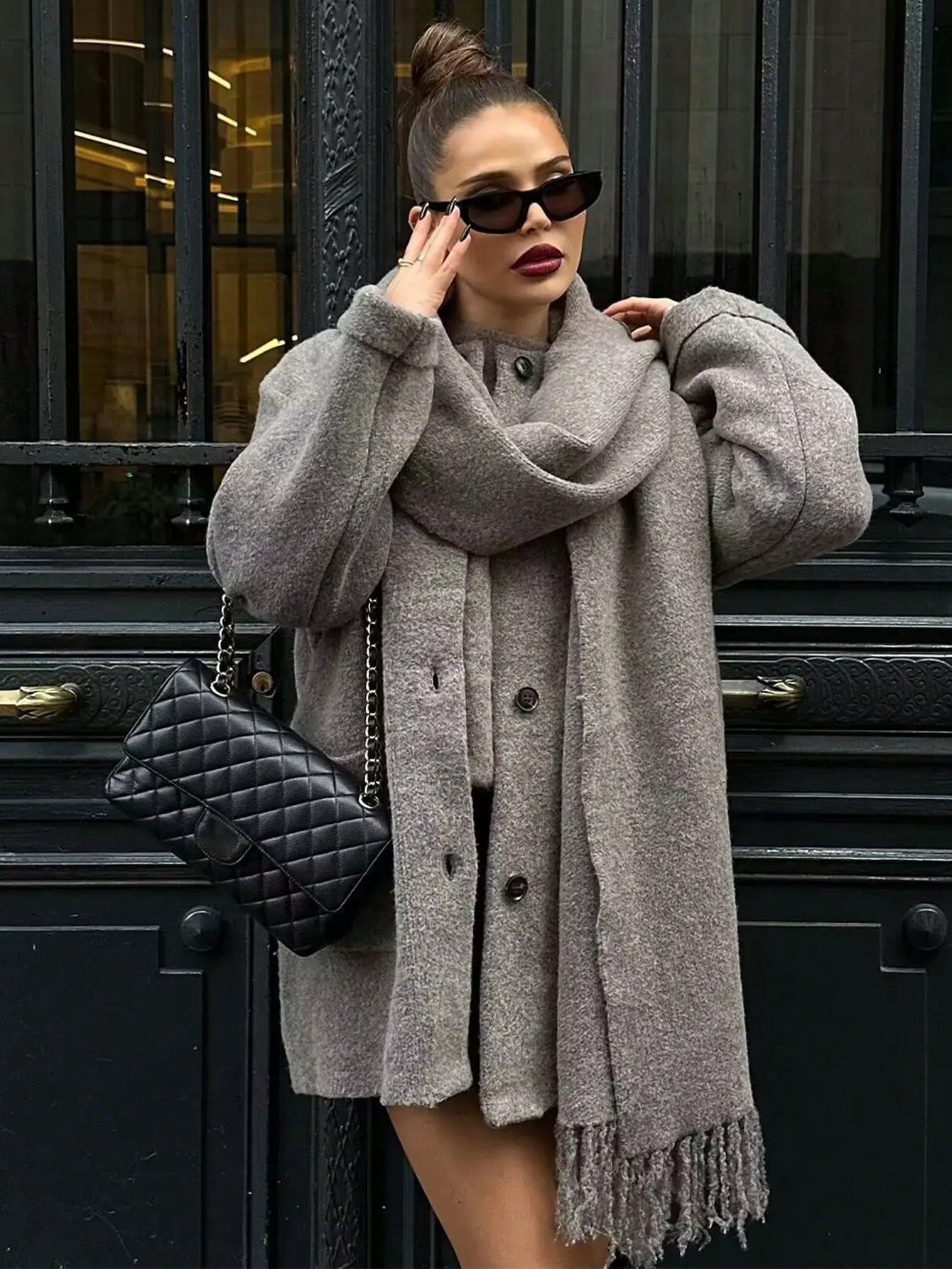 

HH 2025 Female Autumn Fashion Scarf Collar Knitted Coat Solid Long Sleeves Single Breasted Casual Loose Vintage Long Coats