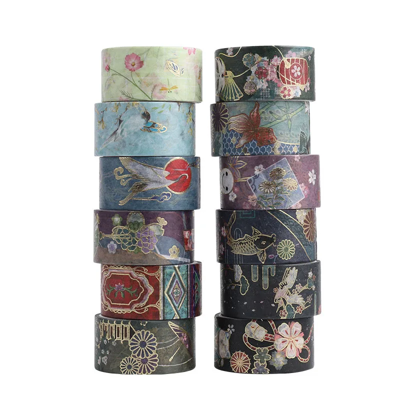 12pcs Japanese Culture Washi Tape Set 20mm*2m Gold Adhesive Masking Tapes Decoration Stickers for Album Diary School F033