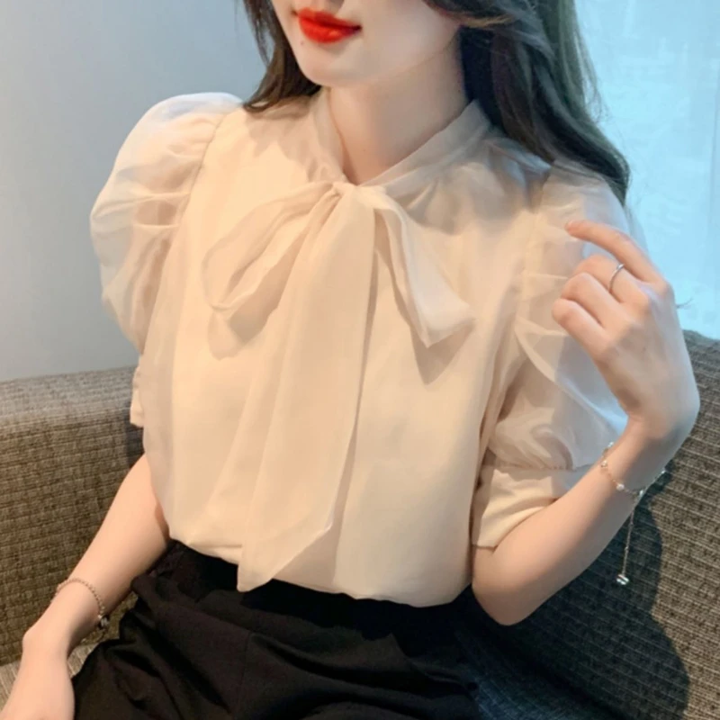 Fashion Bow Collar Apricot Chiffon Blouse Shirt Women Tops Blusas Mujer De Moda 2024 Verano Short Sleeve Blouse Women Blusa G587