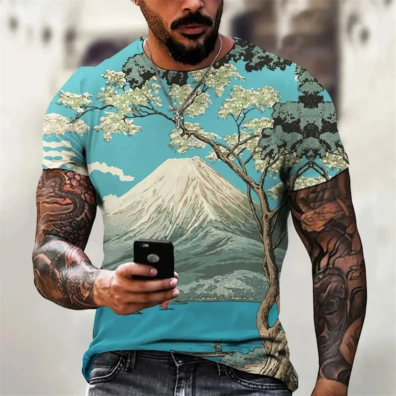 

New Summer Men's Classic Retro Landscape Natural Landscape Pattern T-Shirt Casual Oversized Short-sleeved Male Tops Camisetas