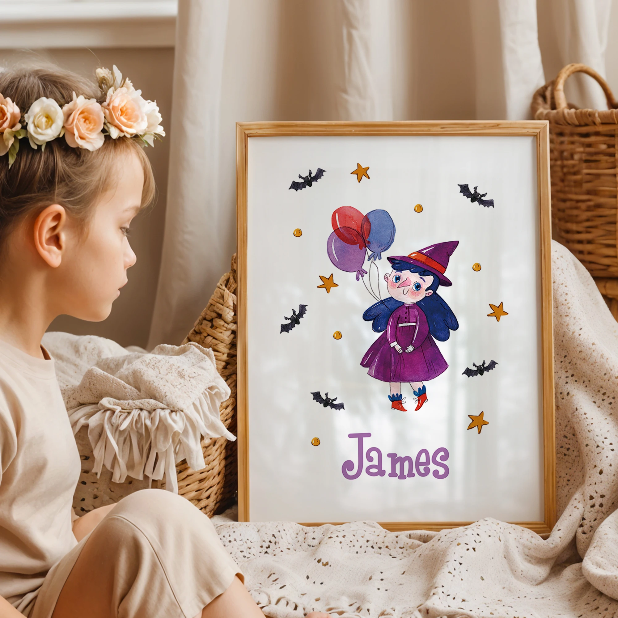 1 قطعة اسم مخصص شخصية لطيف الكرتون الساحرة فستان جدار الفن طباعة صورة لجميع القديسين غرفة المعيشة الاطفال ديكور المنزل هدية #2