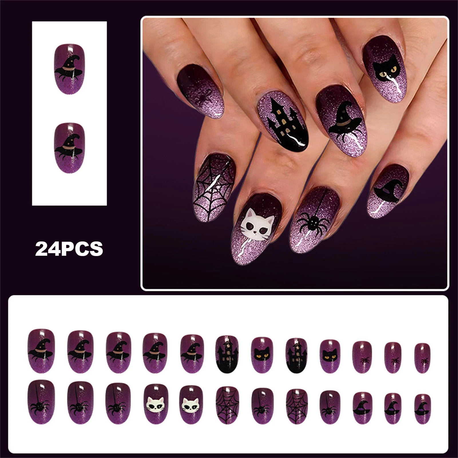 24 Stück Niedliche DIY Aufklebenägel mit Halloween-Geister-Print, Mandelform, Künstliche Nägel für Frauen und Mädchen, für den täglichen Gebrauch und Partys – Detail 12