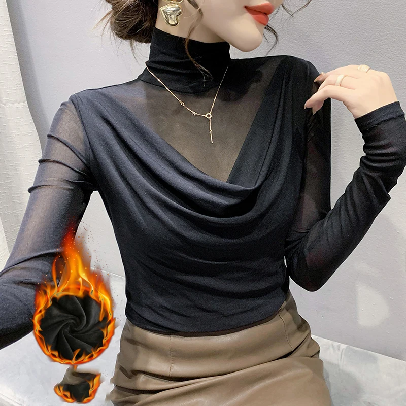 MadBlack-Women's European Fleece T-Shirt, Sexy Turtleneck Solid Mesh, Fashion Long Sleeve Slim S-3XL Tee, 2025 Autumn T5N215CC