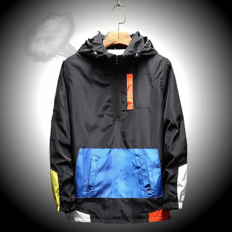 Autumn Men Windbreaker Jacket Breathable Quick-Drying Colorblock Casual Outdoor Cycling  Hiking Hooded Jacket Clothing Pullover