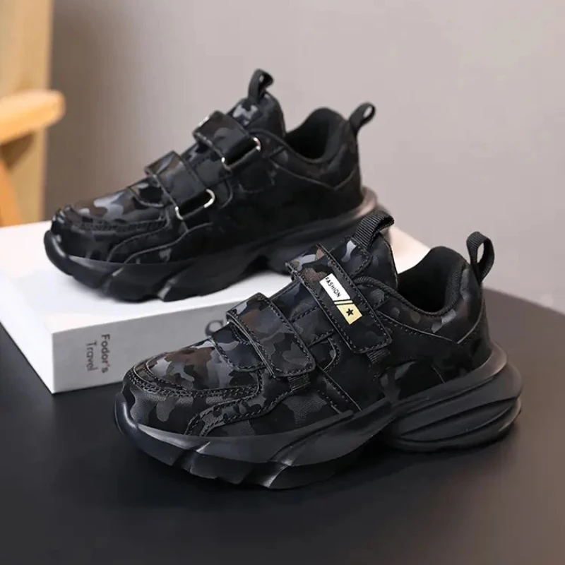 소년 캐주얼 신발 블랙 가죽 플랫 학생 운동화 어린이 운동화 미끄럼 방지 소녀 경량 스포츠 테니스 신발