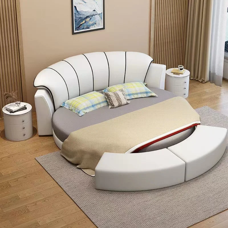 Princess Leather Luxury Double Bed Modern Loft Adults White Queen Round Bed Frames Mattress Camas De Dormitorio Home Furniture