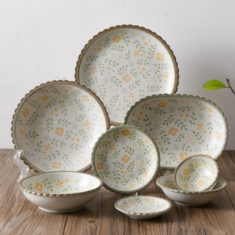 

Plates Dinnerware Personalized Flower Ceramics Household Soup Noodle Bowls Food Plates Exquisite Dinner Dishes Kitchen Utensils