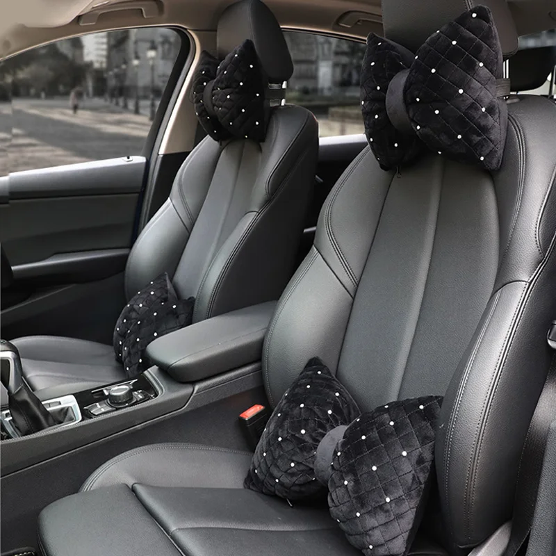 1PC Quality Diamond Bowknot Car Neck Pillow Rhinestone Auto Headrest Seat Support Waist Pillows Crystal Car Interior Accessories