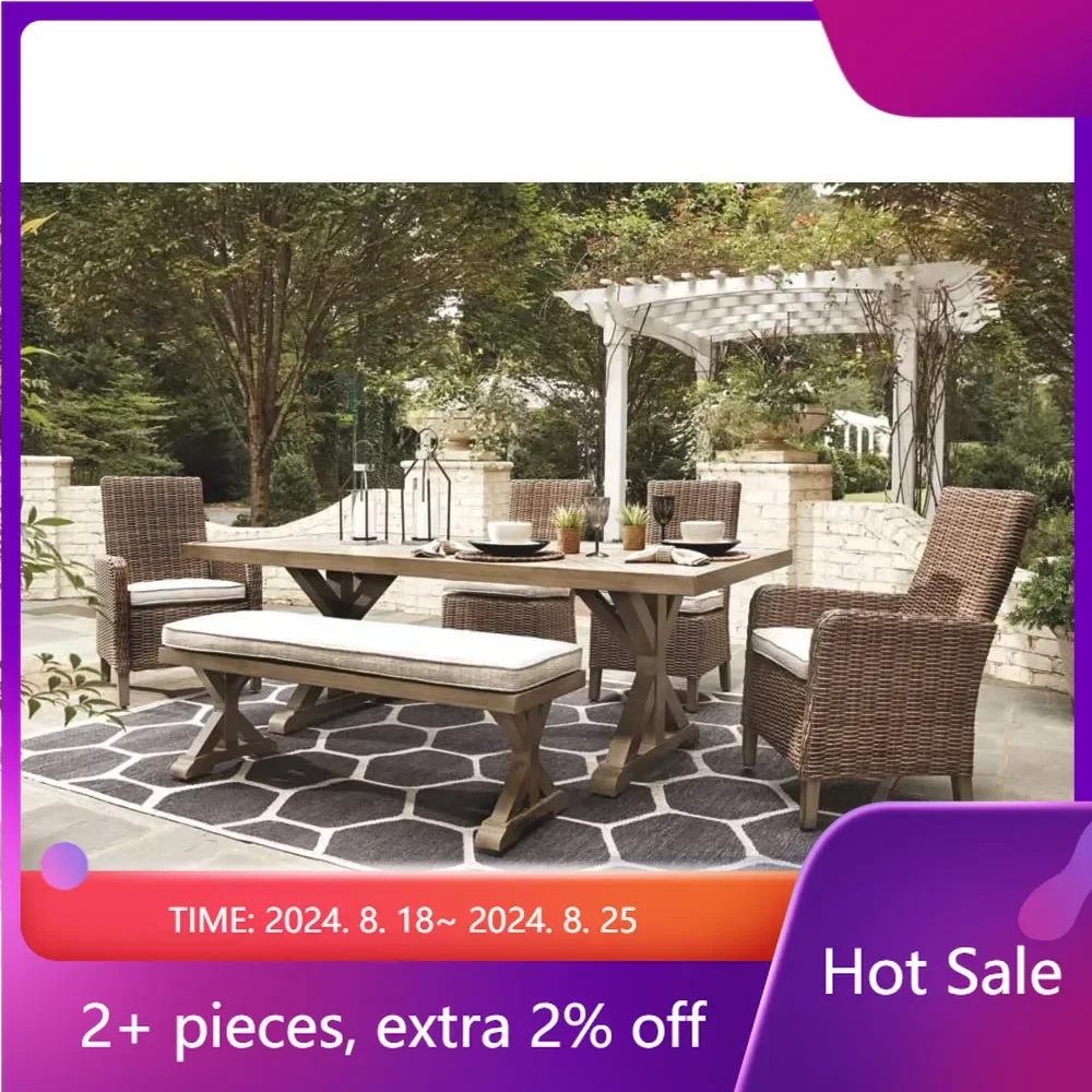 

Beachcroft Patio Farmhouse Outdoor Upholstered Dining Bench Porch Furniture Outdoor Garden Chairs Beige Terrace Benches Sets Set