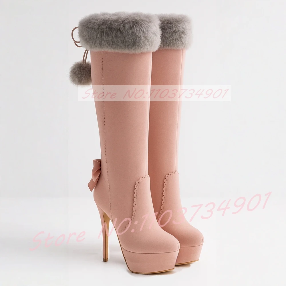 

Серые сапоги до колена с помпонами из искусственного меха, женские розовые сапоги до колена на платформе с оборками и узлом-бабочкой, милая романтическая гламурная обувь