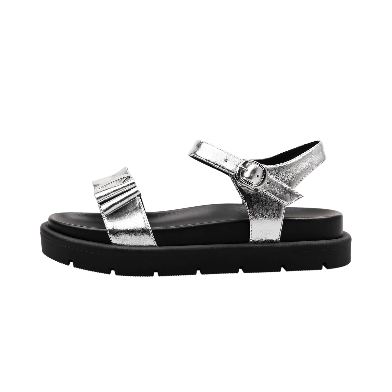 

Arden Furtado Summer Holiday style Metal sheepskin bowknot platform Sandals Round toe Flats Middle heel word-cingulate Sandals