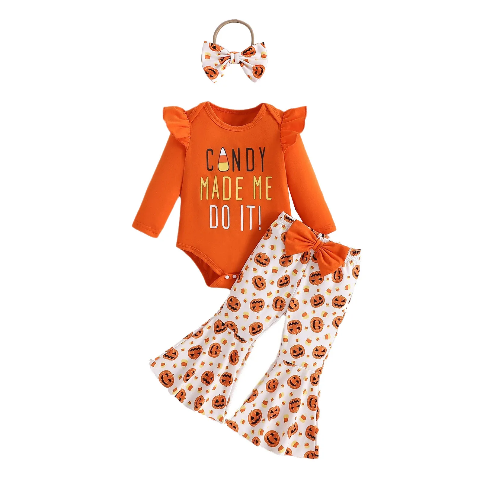

Fall Cute Baby Girl Outfit Ribbed Cold Shoulder Long Sleeve Romper with Pumpkin Pattern Flare Pants Headband Halloween Costume
