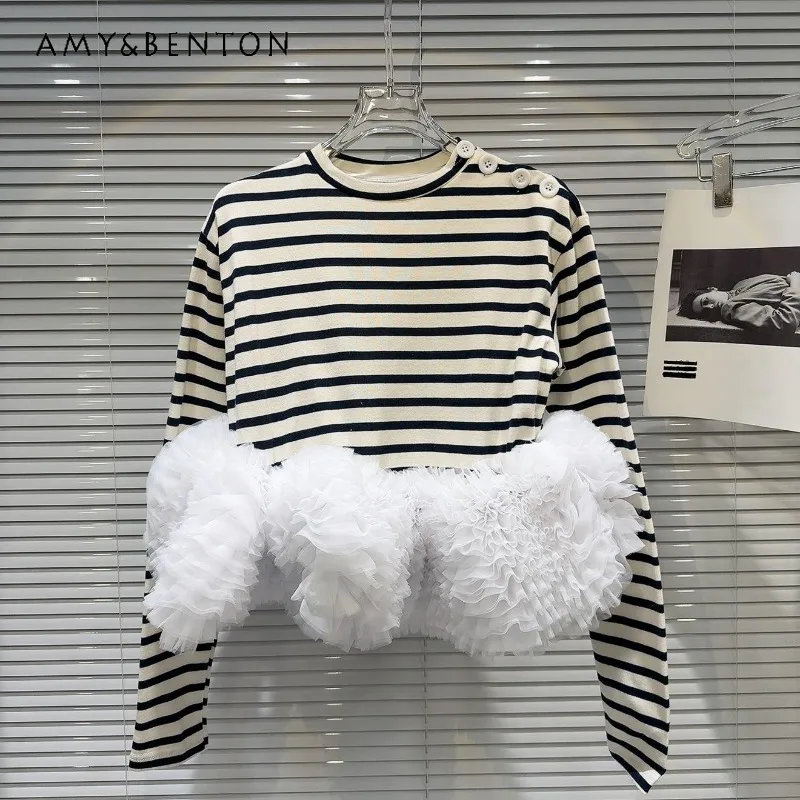 2025 Spring New Personalized Tees Black White Striped Pleated Mesh Skirt Pendulum Long-sleeved T-shirt Women's Aesthetic Clothes