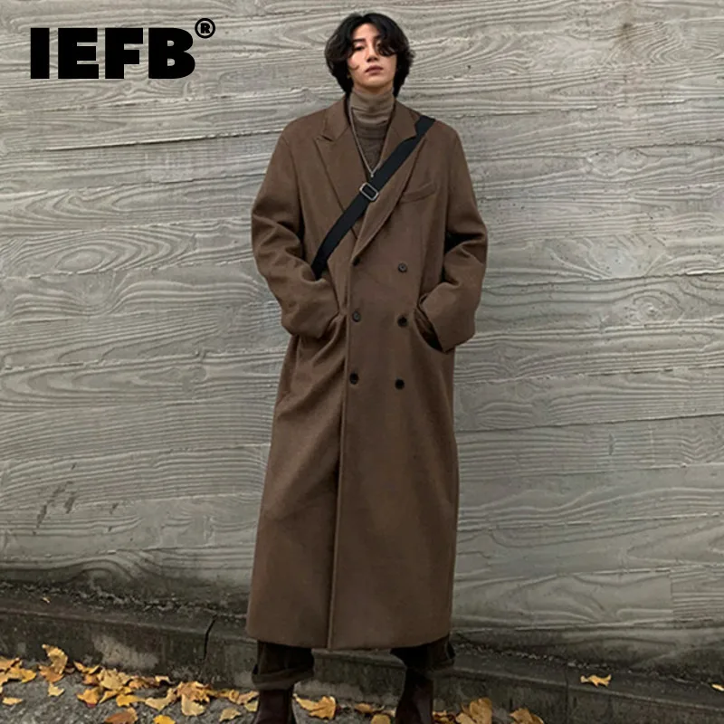 

IEFB Men's Woolen Coat Long Autumn Winter Thickened Korean Fashion Loose Trend Casual Trench 2023 Solid Color Male Tops 9A6056