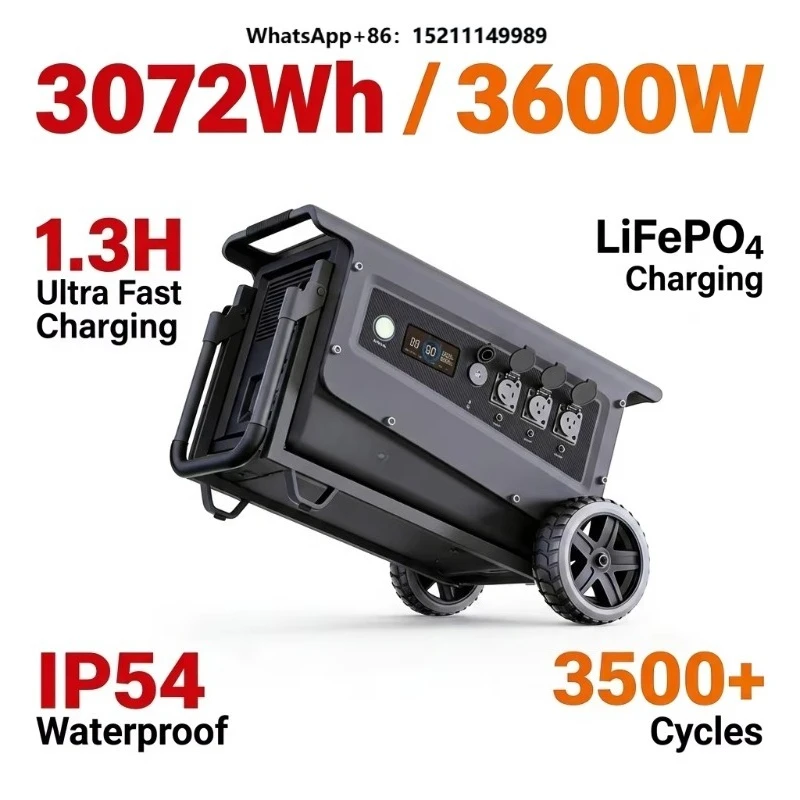 IP54 Waterproof Portable Power Station 3600W 3072Wh Solar Generator with 1.3H Fast Charging
