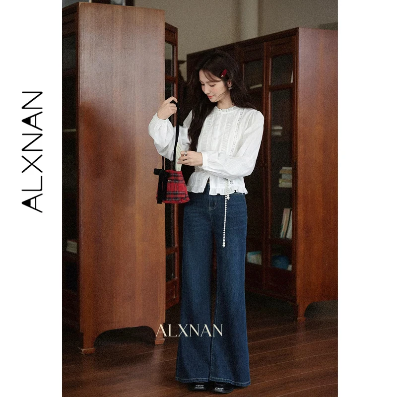 ALXNAN White Shirt Women 2025 Fall Wood Ear Long Sleeve Cotton 100% Blouses Casual Elegant Office Lady Tops Female L57238