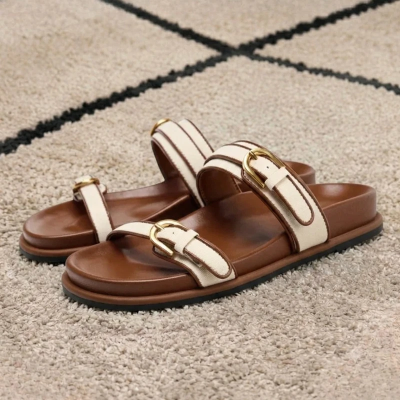 Women's Chic White Brown Two Strap Flat Slide Sandals Gold Buckle Adjustable Open Toe Casual Summer Beach Shoes 2026
