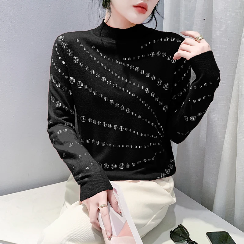 

Black Korean Style Fall Winter Knitted Sweater Chic Sexy Women Turtleneck Hot Drilling Long Sleeve Pullover Tops 2024 New 491501