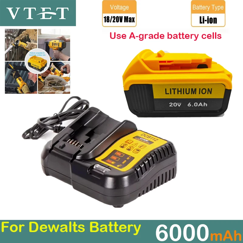 

2024New 20V 6.0Ah MAX XR 18650 Tool Battery Power Replacement for DeWalt DCB184 DCB181 DCB182 DCB200 18V 6A Battery with Charger