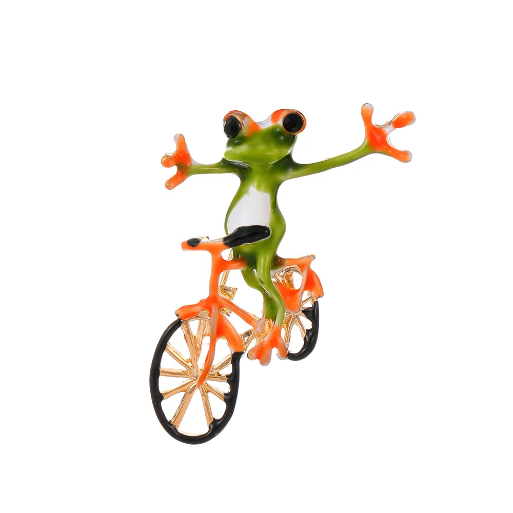 Enamel Funny Frog Riding Bike Brooches For Women Men Creative Cute Cartoon Frog Animal Brooch Pins Charms Casual Jewelry Gifts